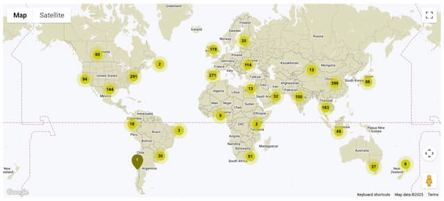 The image shows the world map with numbers of collaborators 